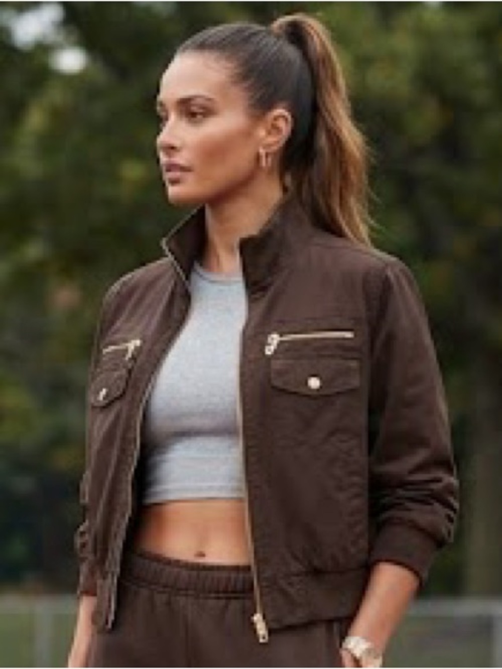 Wet Seal Dark Brown Women’s  Bomber Jacket with Zip Pockets in Cotton
